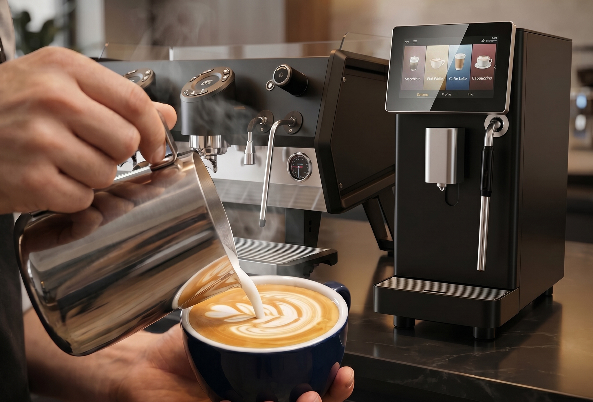Barista pouring latte-art microfoam beside the Bridge Aero