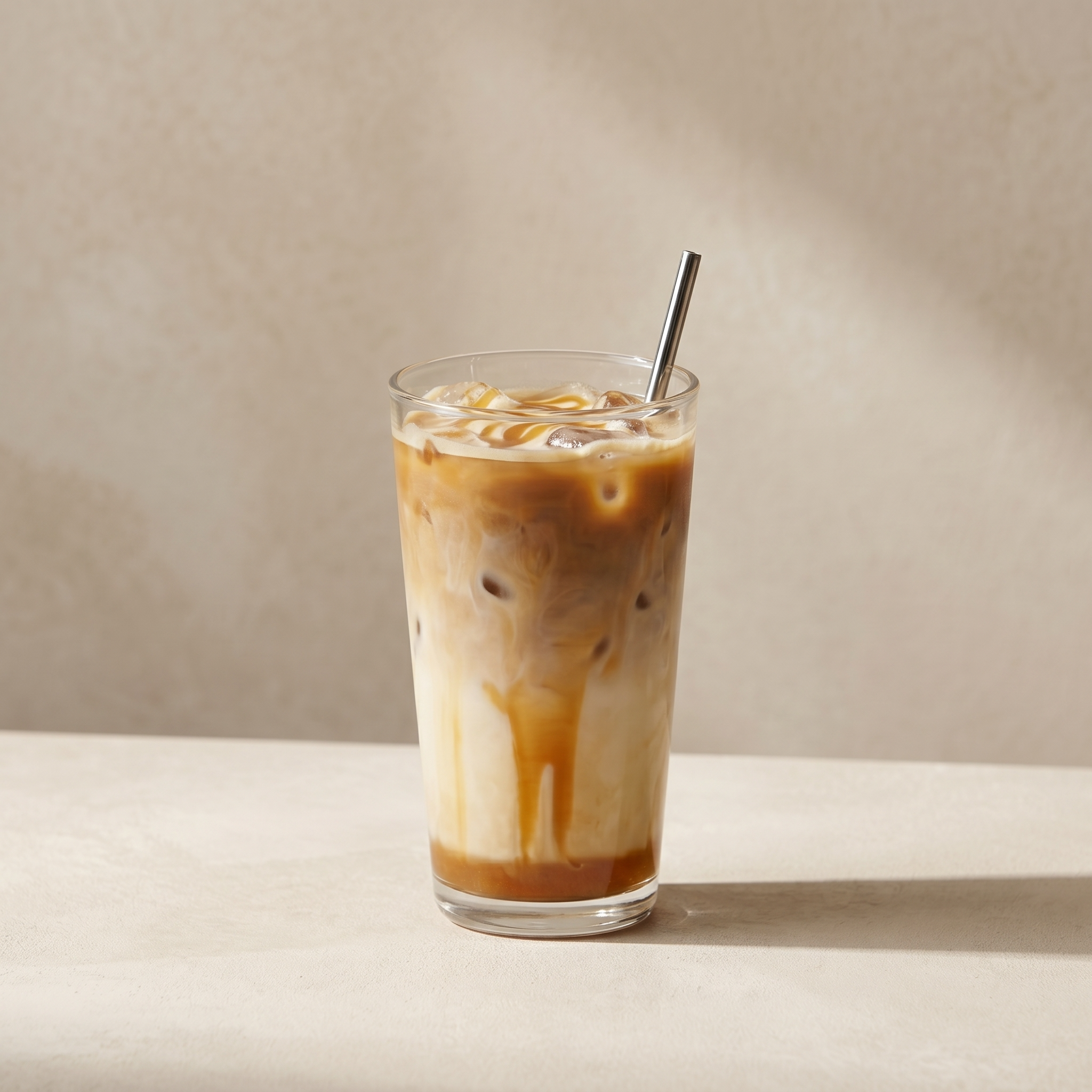 Iced caramel latte with cold milk cap